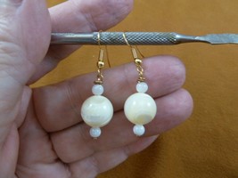 (EE-473-17) 12mm bead Mother of pearl gemstone bead dangle gold hook earrings - $12.19