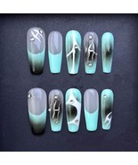 Aqua Smoke Press On Nails with Silver Runes and Rhinestone Accents Artif... - $28.99