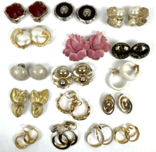 Vintage Clip On Earring Lot Gold Tone Pearl Hoops Lion Round Rose - €33,61 EUR