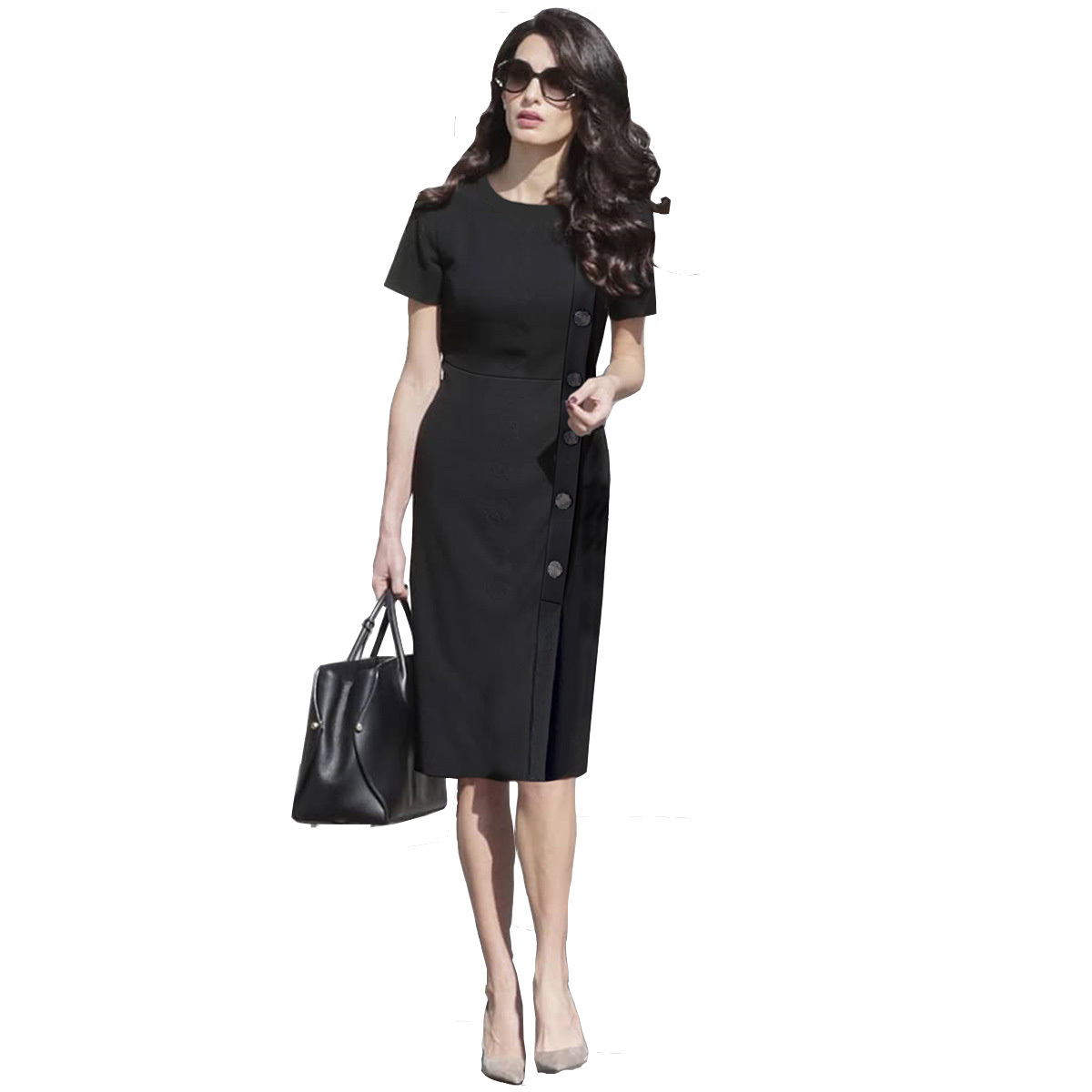 Celeb Style Amal Clooney Inspired Short Sleeve Button Little Black Midi Dress Item image 2