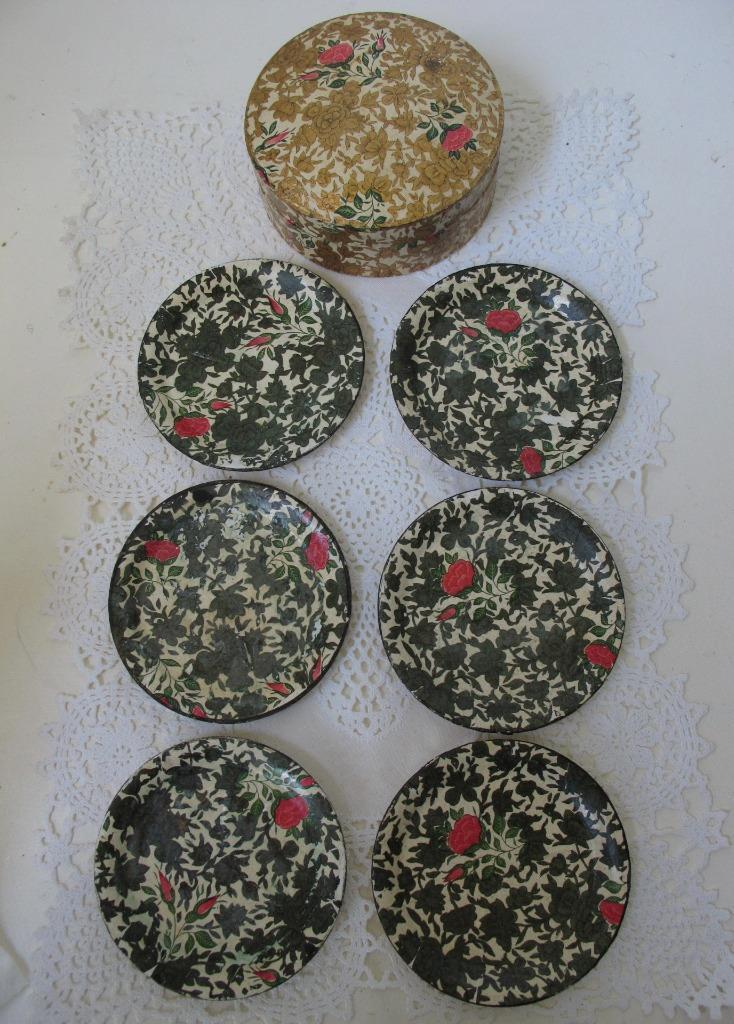 Vintage Paper Mache Coasters in Round Box Roses Floral Alcohol Proof Japan Gold - $17.99