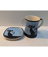 Hues N Brews Siamese Cat Mug Saucer Blue Black 8 Oz Micro Dishwasher Safe - $455.40 MXN