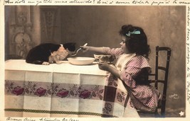 Story a Girl and Her Kitten&#39;s Mealtime sequence set 5 postcards vintage ... - £22.17 GBP