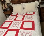 Vtg Hand Embroidered Stitched &amp; Quilted Red/White 76”x86” Very Good Cond... - $123.74