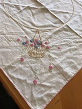 Vintage Rectangular Linen Embroidered Tablecloth 35&quot; x 32 1/2&quot;, Off White &amp; Pink - £7.62 GBP