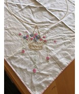 Vintage Rectangular Linen Embroidered Tablecloth 35&quot; x 32 1/2&quot;, Off Whit... - £7.46 GBP