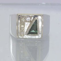 Green Tourmaline White Sapphire 925 Ring Size 9 Geometric Triangle Design 87 - £81.09 GBP