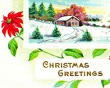 Christmas Greetings Pointsettias Cabin Scene Gilt Embossed 1918 Postcard - $3.91