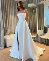 Beach White Satin Wedding Dresses Simple,Split Ivory Bridal Gowns with T... - £115.63 GBP