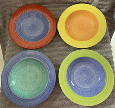 4 New Kohl’s Bright &amp; Colorful Two-tone Hand Painted Rimmed Soup Cereal ... - £19.74 GBP