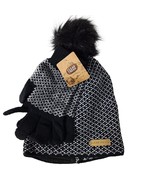 Clear Creek Winter Hat &amp; Gloves Set Black White Knit Faux Fur Pom One Size - $18.01