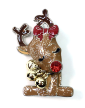 Rudolph the Red Nosed Reindeer Christmas Brooch Pin Enamel Rhinestone Bells - £11.20 GBP