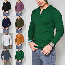 Men&#39;s Long Sleeve Henley Vneck T-Shirt Solid Slim Fit Button Tops Blouse Tee - £17.65 GBP