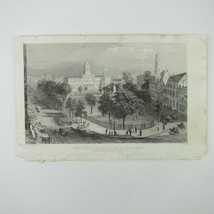 Antique Engraving Print Park &amp; City Hall New York City For Ladies Wreath c1850 - £32.22 GBP