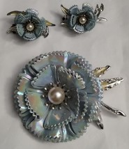Flower Brooch &amp; Earrings Dimensional Metal Iridescent Blue Enamel Vintage - £25.18 GBP