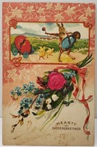 Easter Greetings Rabbit Beating Egg Glitter Decorated Embossed Postcard E14 - $5.99