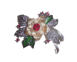 Vintage Avon Christmas Poinsettia Floral Brooch Pin Rhinestone Pearl Accents - £19.66 GBP