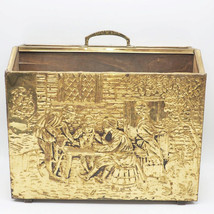 Magazine Rack Hammered Brass Relief Old English Tavern Scene - £95.67 GBP