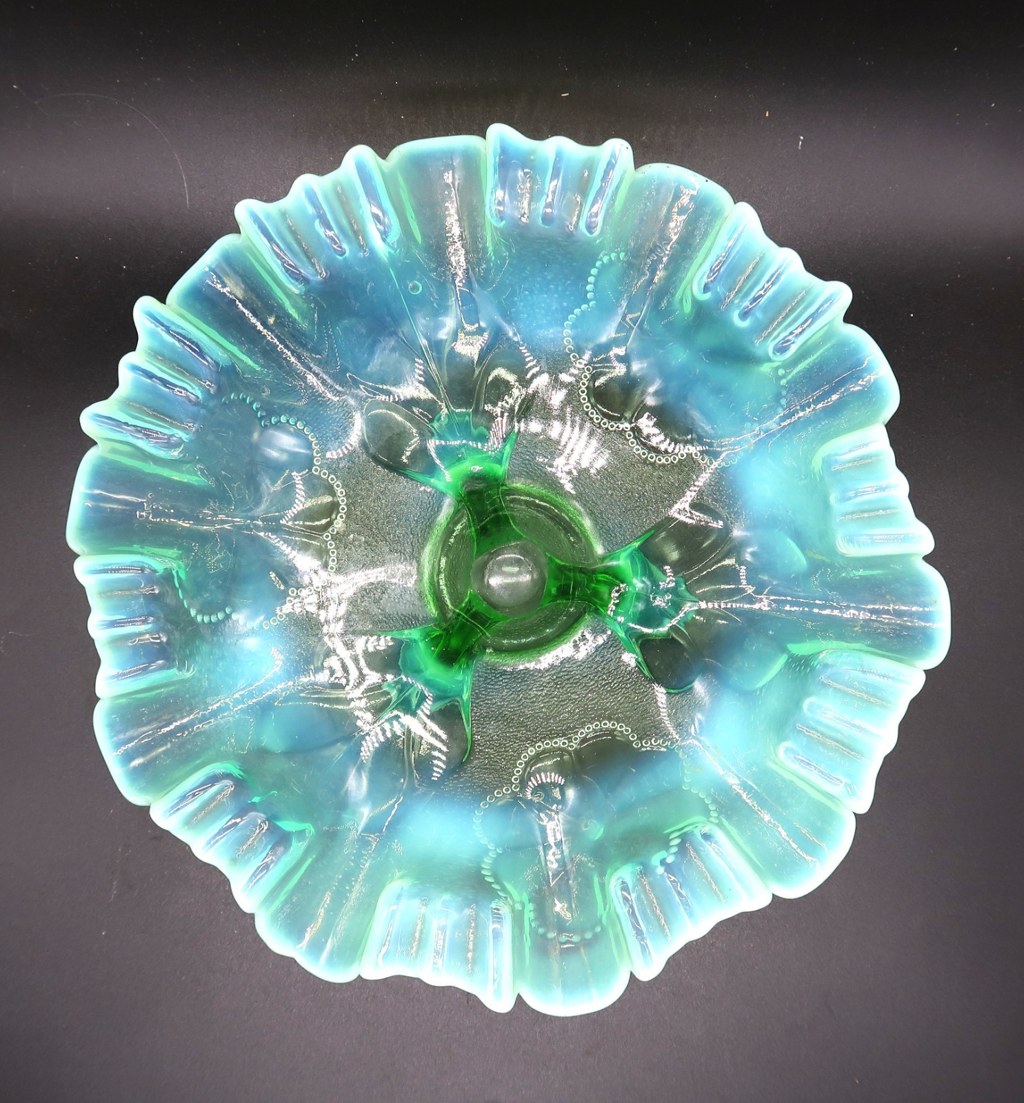 Vtg Dugan Opalescent Ghost Flower Footed Candy Dish Crimped 8&quot; c.1905 St... - $90.00
