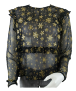 Topshop Idol Blouse Sz 10 Sheer Black Chiffon Ruffles Gold Sequin Long S... - $264.44 MXN