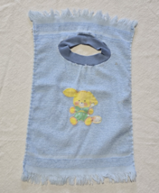 Vintage Terry Cloth Baby Bib Embroidered Baby Animal Fringed 1970s Blue - $20.00