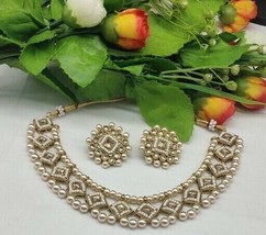 White Beaded Kundan Jewelry Set Elegant Necklace Earrings Choker Ethnic Set - £20.15 GBP