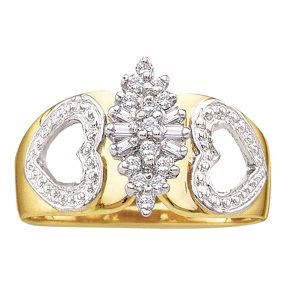 14k Yellow Gold Womens Round Diamond Heart 2-tone Cluster Fashion Ring 1/8 Cttw