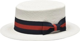 Men's Bruno Capelo Boater Natural Straw Flat Crown Hat BC631 White/Red/Blue image 2