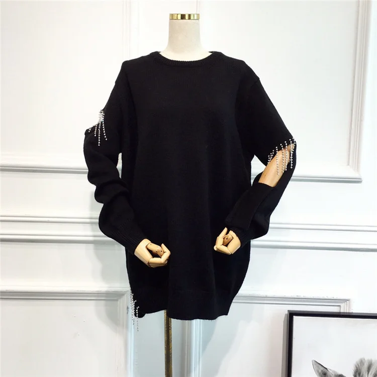  Autumn and winter Black Rhinestone Tel Chain Round Neck Long Sleeve Loose Slim  - £111.41 GBP