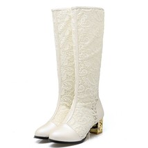 Spring Summer Boots Shoes Women Med Heels Knee Flower Lace Female Mujer Zipper G - £69.04 GBP