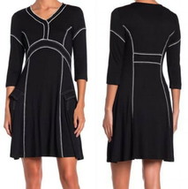 Papillon Drapey Dress XLarge Black $239 V Neck Stretch Breathable Unlined COMFY - £45.87 GBP
