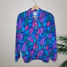 Vintage Tag | Blue Purple Teal Green Geometric Print Zip Jacket, size small - $29.03