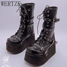 Big Size 43 Women boots Black Lace Up Buckle Round Toe Wedges Platform Boots Pun - £42.66 GBP