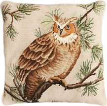 Throw Pillow Needlepoint Barn Owl Bird 18x18 Brown Orange Beige Wool Cotton - £242.77 GBP