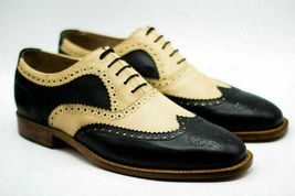 Handmade Men&#39;s Yellow &amp; Black Wing Tip Brogues Dress/Formal Oxford Leather Shoes - $159.99