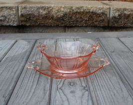 Vtg Pink Depression Glass Octagon Shaped Handled Compote Bowl &amp; Underplate - £23.56 GBP