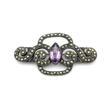 ART DECO amethyst marcasite sterling brooch - vintage purple gemstone swirl pin - £48.54 GBP