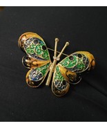 Gorgeous Gold Tone Pierced Butterfly Pin Rhinestones &amp; Enamel Gold Gems  - £11.44 GBP