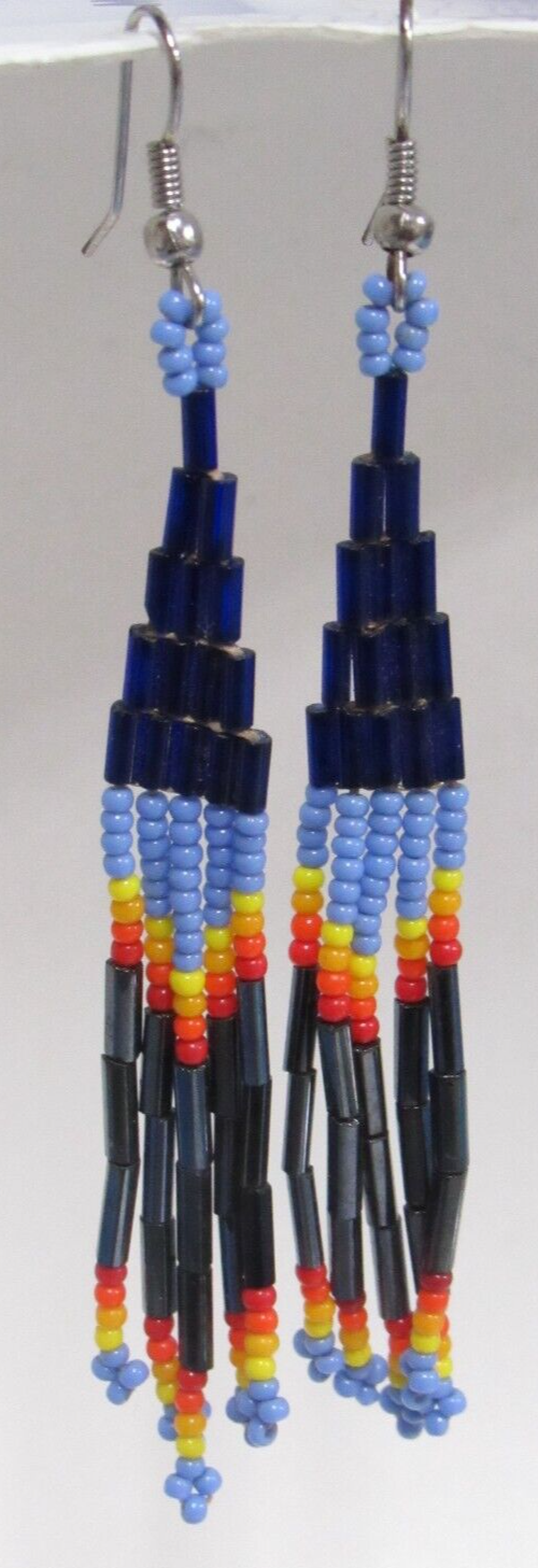 Native American Beaded Dangle Earrings Blues Black Metallic Bugle Beads ... - $19.99
