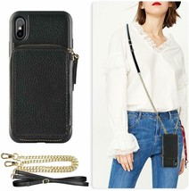 iPhone XS Max Wallet Case Women Leather Zippered Crossbody Large Storage Black - $49.85