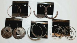 Fashion Earrings Hoops 5 Pair Large Copper/ Purple Black Metallic Silver New #18 - £18.27 GBP