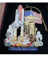 Kennedy Space Station Brass Christmas Ornament W Shuttle and American Flag - £7.79 GBP