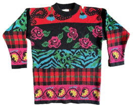 Traffic Jam Vintage Sweater Color Block Roses Jewels Plaid animal print ... - £13.94 GBP