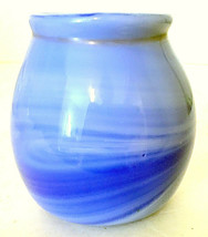Hand Blown Art Glass Vase Shades of Blue w/ Swirls 4&quot;H  Rough Pontil, Signed EUC - £9.42 GBP