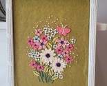 Vintage Yarn Crewel Embroidered Flowers Summer Wall Art Picture Framed 1... - $44.95
