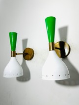Brass Wall Sconce Pair - Mid Century Diabolo Wall Sconce Light - Green a... - $125.54