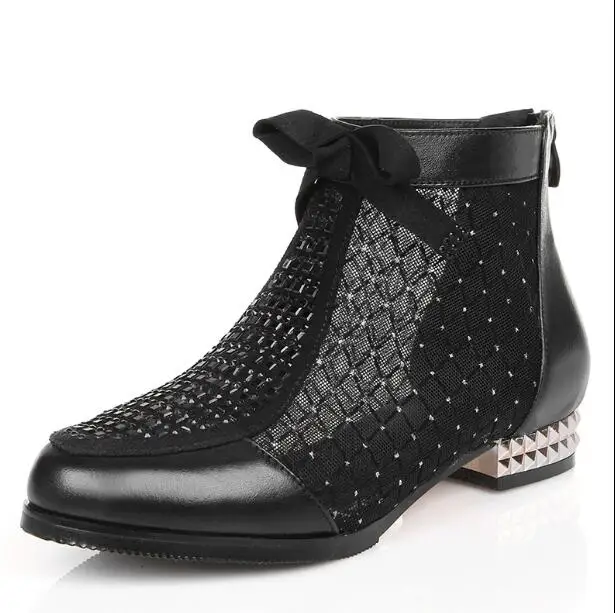Ring summer new bow genuine leather women boots hollow mesh ankle boots comfortable low thumb200