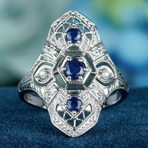 Natural Sapphire Pearl Diamond Filigree Three Stone Ring in Solid 9K White Gold - £641.03 GBP