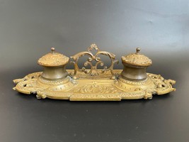 Antique 14&quot; Victorian Austrian Gilt Bronze Double Inkwell Desk Set - £310.83 GBP