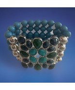 Stretch Bracelet Turquoise Beads Teal Silver Tone Statement Wide Unbrand... - $10.45